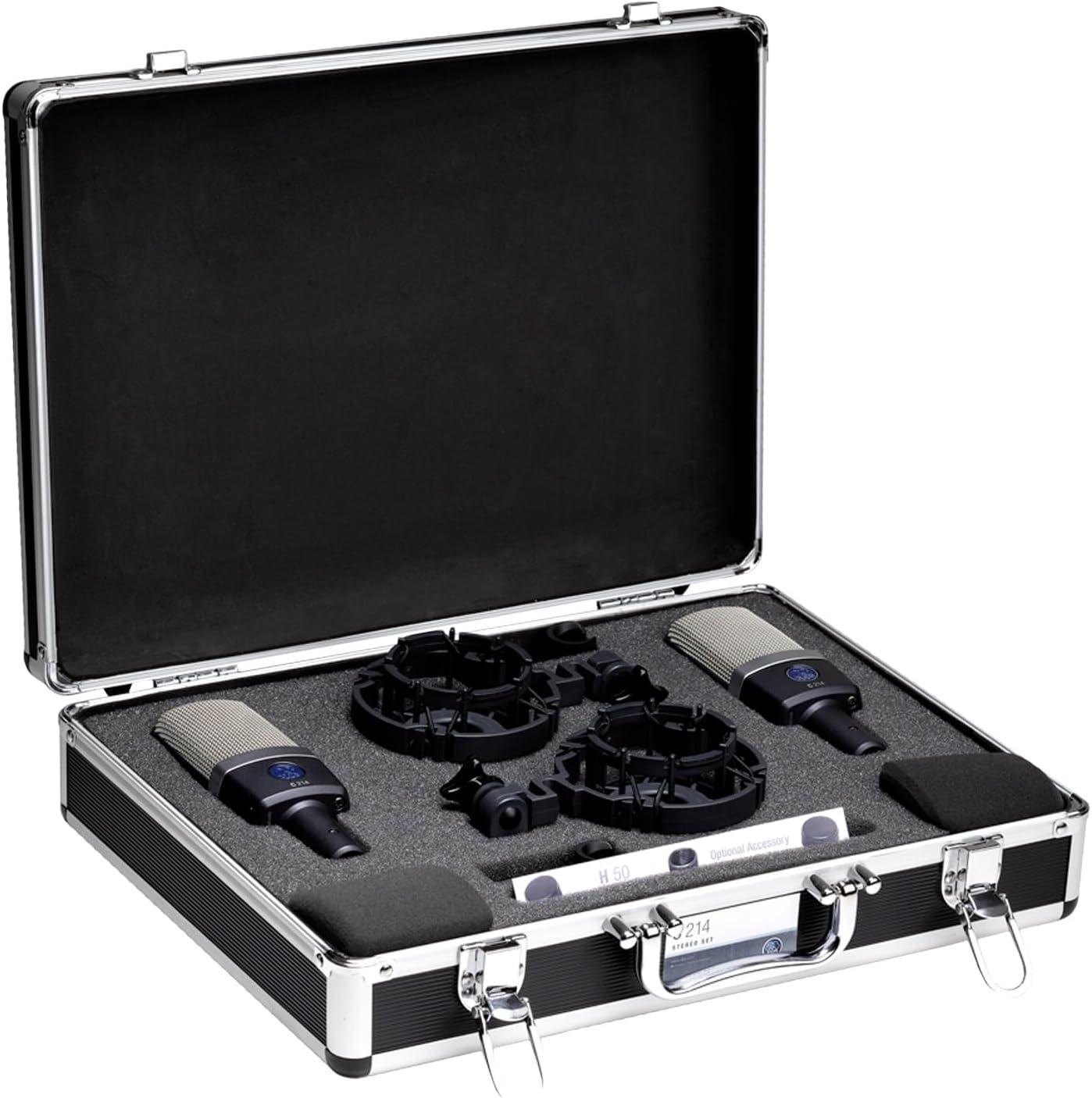 imageAKG Pro Audio C414XLS Pair Studio Grade Professional Large Diaphragm Dual Capsule MultiPattern Vocal ampamp Instrument Condenser Microphone with Aluminum Carrying Case XLR Connector Gray with GoldC214 Pair