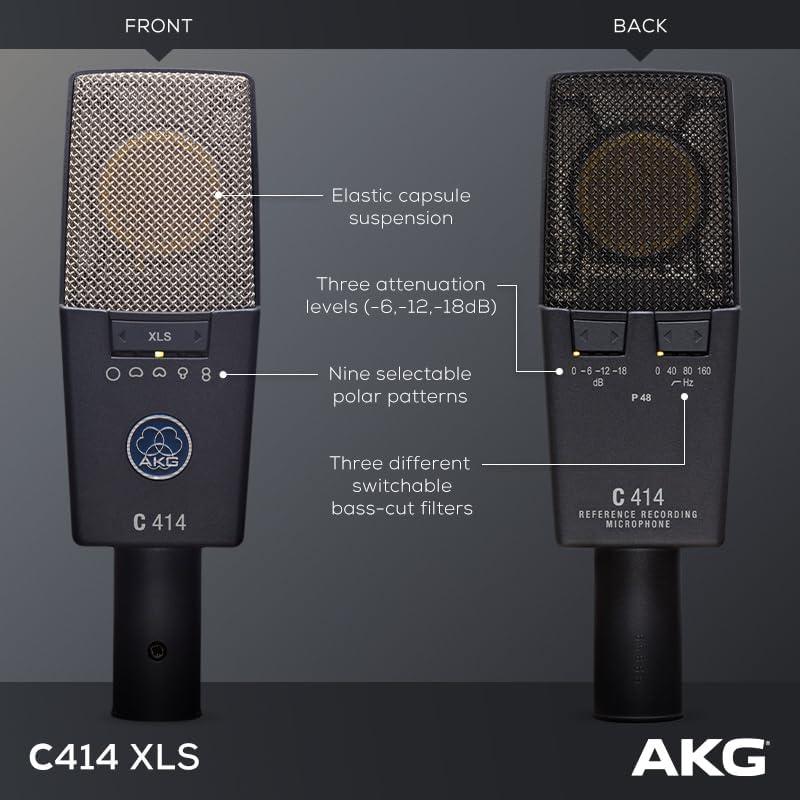 imageAKG Pro Audio C414XLS Pair Studio Grade Professional Large Diaphragm Dual Capsule MultiPattern Vocal ampamp Instrument Condenser Microphone with Aluminum Carrying Case XLR Connector Gray with GoldC414 XLS MATCHED PAIR