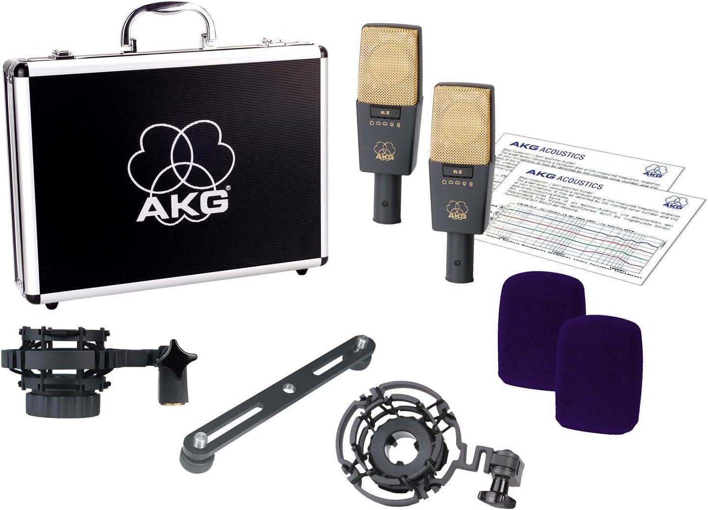 imageAKG Pro Audio C414XLS Pair Studio Grade Professional Large Diaphragm Dual Capsule MultiPattern Vocal ampamp Instrument Condenser Microphone with Aluminum Carrying Case XLR Connector Gray with GoldC414 XLII Pair