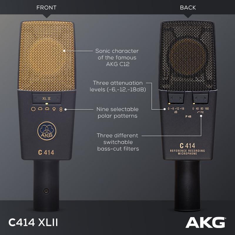 imageAKG Pro Audio C414XLS Pair Studio Grade Professional Large Diaphragm Dual Capsule MultiPattern Vocal ampamp Instrument Condenser Microphone with Aluminum Carrying Case XLR Connector Gray with GoldC414 XLII Pair