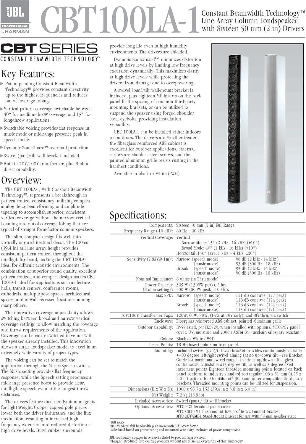 imageJBL Professional CBT 50LA1WH Compact Line Array Column Speaker with 8 2Inch Drivers 20Inches Tall WhiteBlack