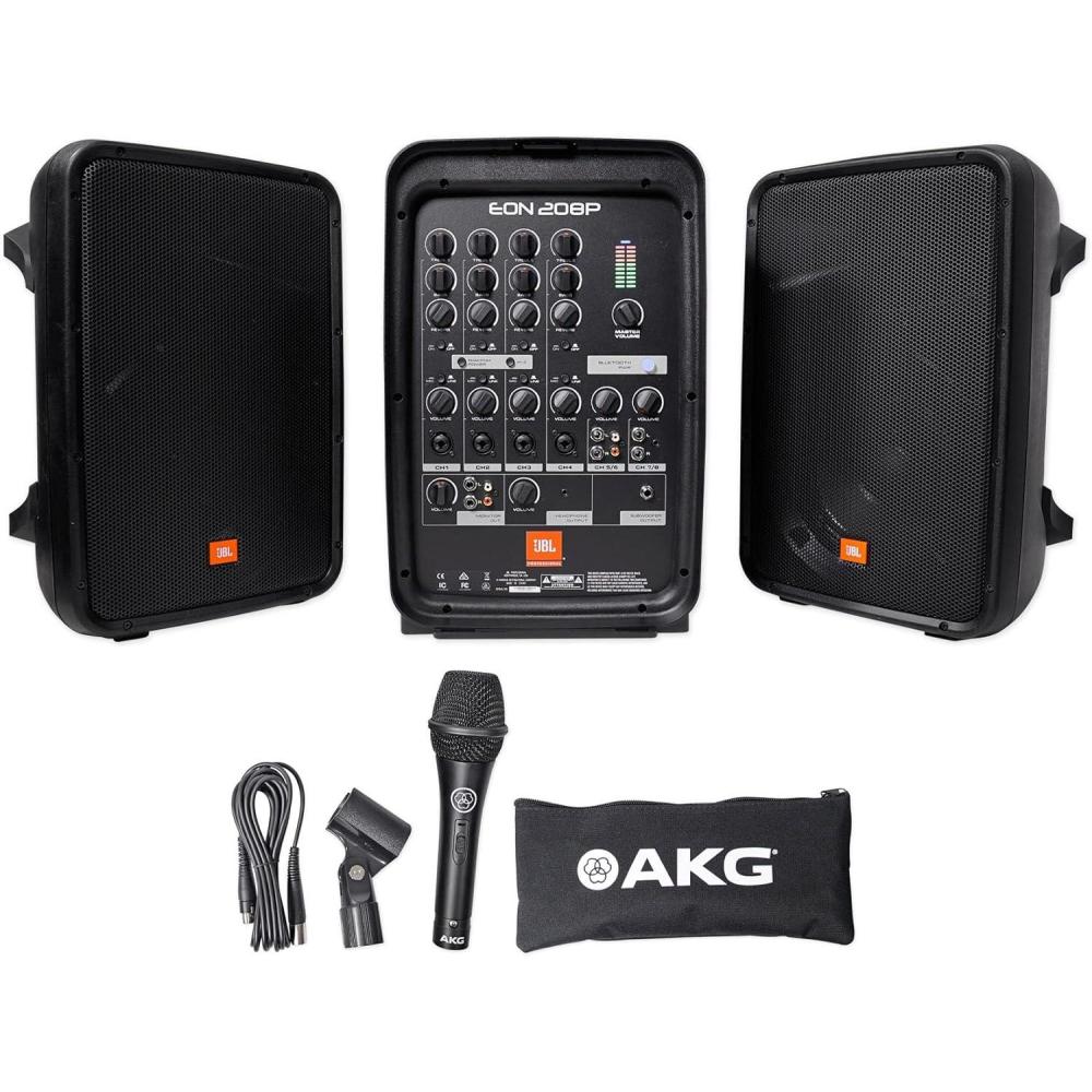 imageJBL Professional EON208P Portable AllinOne Dual Speaker 2way PA System with AKG Vocal Microphone 8Channel Mixer and Bluetooth BlackSpeaker